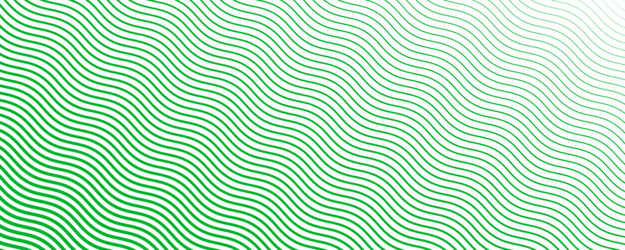 Green diagonal wave texture gradient. Wavy line pattern wallpaper. Fading curved linear halftone gradation. Thin to thick undulate stripe background for overlay, print, cover, graphic design. Vector