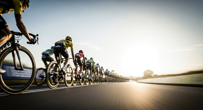 Cinematic Motion Blur of Professional Road Bike Wheels During the Tour de France Cycling Race with Vibrant Gradient Lighting and High Speed Action