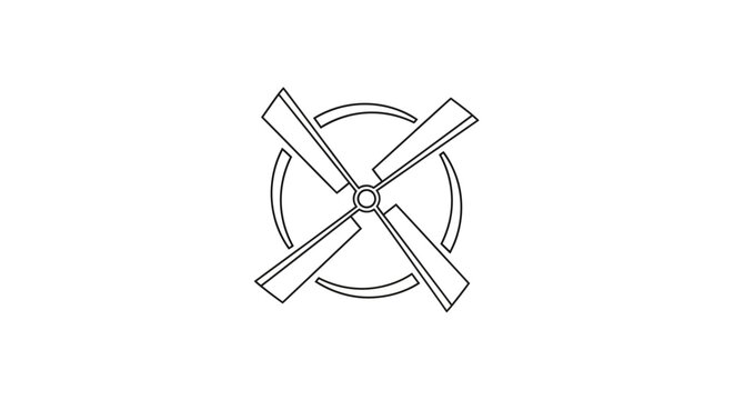 Simple outline drawing of a four-blade fan propeller in a circle.