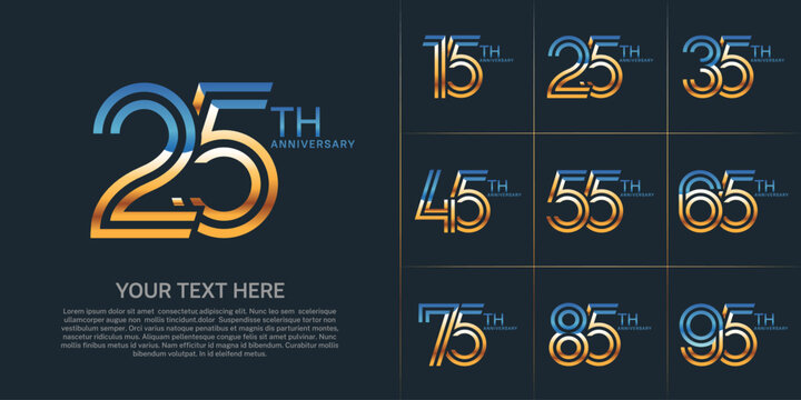 Anniversary set design with double line number. gold and blue color for celebration event