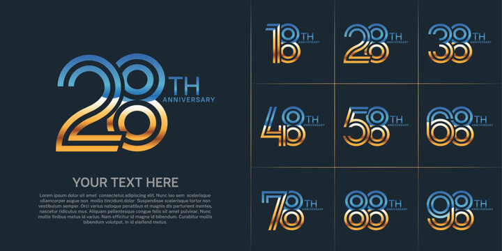 Anniversary set design with double line number. gold and blue color for celebration event