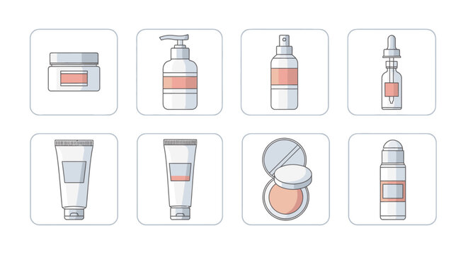 Set of minimalist skincare and cosmetic product icons