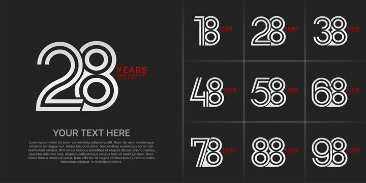 Anniversary set design with double line number. white and red color for celebration event