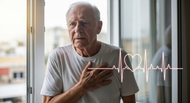 Elderly man experiencing chest pain, indicating potential heart disease symptoms, health concern, medical emergency, need for cardiac care, heart health awareness, senior wellness, cardiovascular