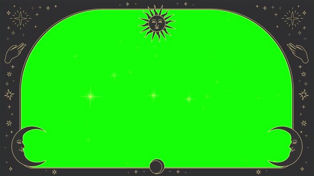 Celestial arch frame with glowing stars and moons featuring an animated green screen background for mystical video editing projects