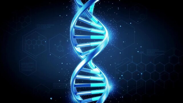 Glowing blue DNA double helix with molecular structure background in science and genetics concept