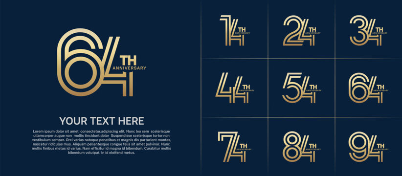 Anniversary set design with double line number. golden color for celebration event