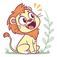 Happy lion cub sitting in grass by green plantly. © MstMonwara