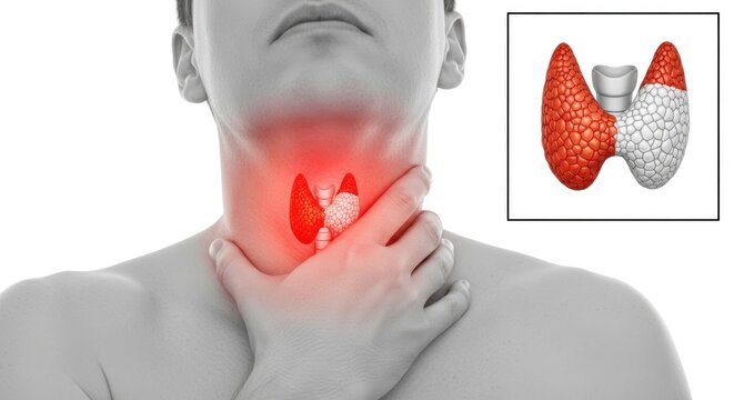 Human experiencing severe thyroid gland discomfort, highlighting endocrine disorder, medical health problem, anatomical representation for diagnosis, symptom awareness concept