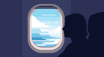 Passenger looks out airplane window at clouds and landscape during flight © zakel