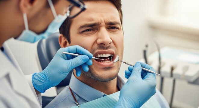 An adult male patient grimacing with a painful toothache, enduring significant oral discomfort during a thorough examination by a skilled professional, general oral healthcare concept