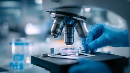 Naklejka premium medical research laboratory setting. Close-up on a high-end digital microscope on a clean white workstation