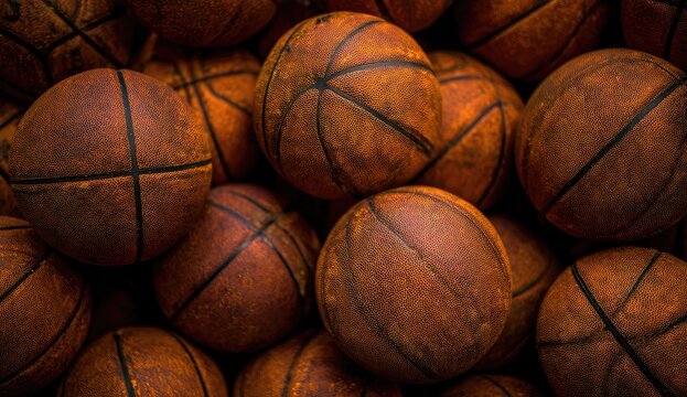 A close-up shot showcases a multitude of basketballs piled together, their textured surfaces and dark lines creating a dynamic and visually engaging composition.