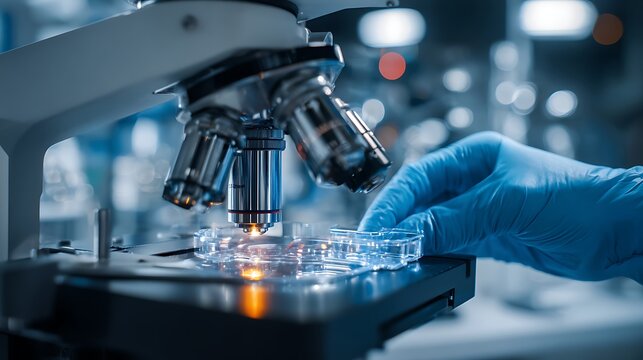 medical research laboratory setting. Close-up on a high-end digital microscope on a clean white workstation