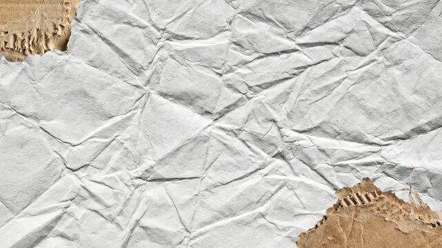 Crumpled White Paper Background with Moving Torn Cardboard Pieces