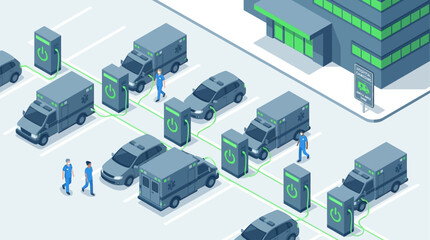 Fototapeta premium Isometric Hospital Parking Lot with Electric Ambulances Charging at EV Stations for Green Healthcare Infrastructure and Sustainable Medical Transportation Concept