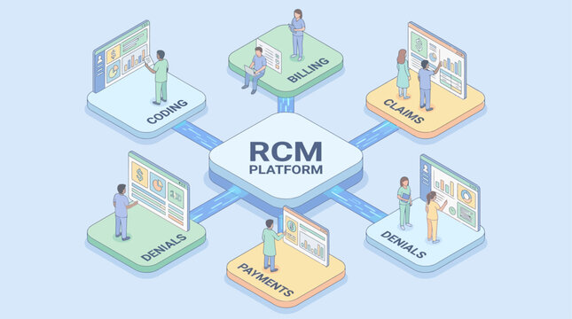 Isometric Revenue Cycle Management RCM Platform Infographic for Healthcare Billing and Medical Coding Workflow Analysis
