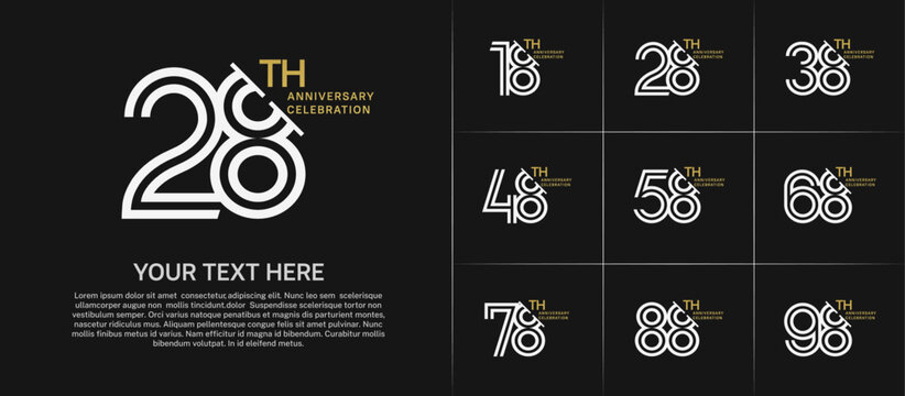 Anniversary logo set with double line number style. white and gold color with slash can be use for special moment