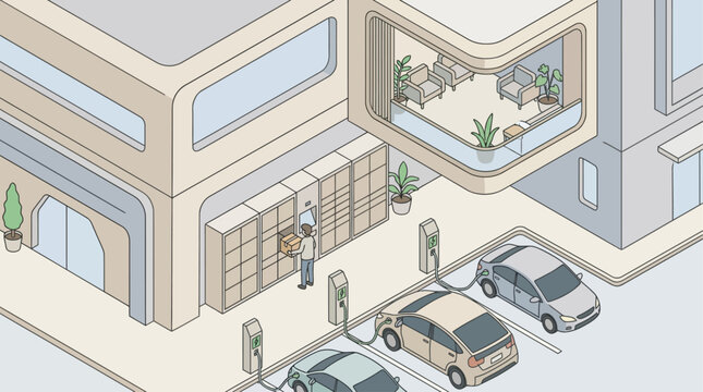 Isometric Modern Smart City Infrastructure with Electric Vehicle Charging Stations and Parcel Delivery Lockers
