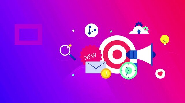 Digital marketing campaign animation features a target and megaphone with creative promotional icons.