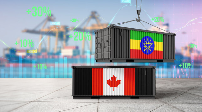 Global Trade Symphony: Two shipping containers, adorned with the flags of Ethiopia and Canada, are depicted at a bustling port. Visuals of financial trends overlay the scene.