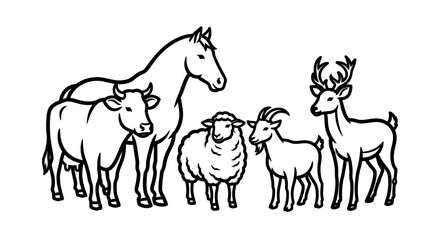 Fototapeta premium Line art illustration of various farm animals standing together in a group