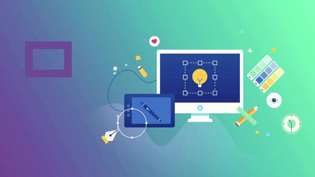 Graphic design workspace animation features a computer screen and drawing tablet with creative tools.