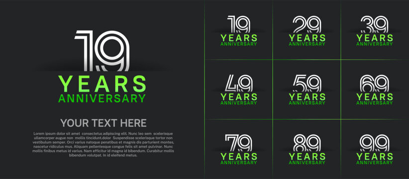 Anniversary logo set with double line number style. white and green color can be use for special moment