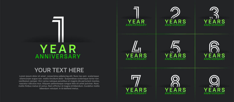 Anniversary logo set with double line number style. white and green color can be use for special moment