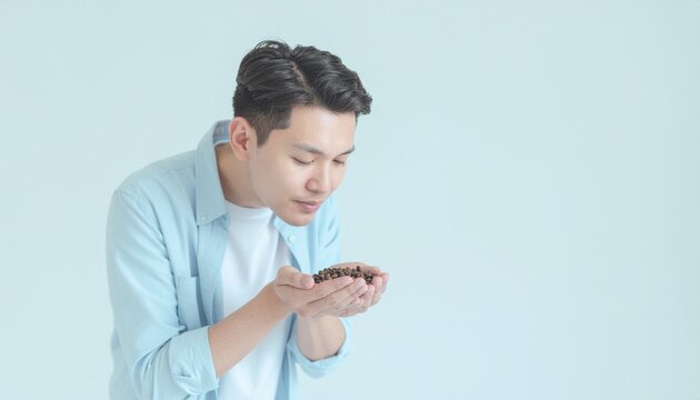 コーいーまめの香りをかぐ男性