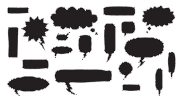Speech bubble icons set with black comic shapes, lightning burst, dots and empty callout placeholders for stickers