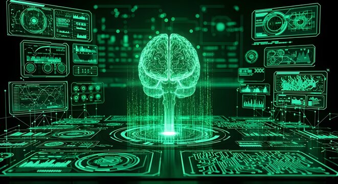 Glowing green digital brain model with analytical interface screens