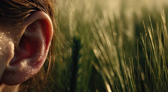 A close-up view showcases a human ear amidst a field of golden wheat, capturing a sense of tranquility and connection with nature.