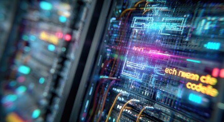 Naklejka premium A vibrant, futuristic depiction of server racks showcases complex circuitry and glowing digital code, suggesting advanced data processing and technological innovation.