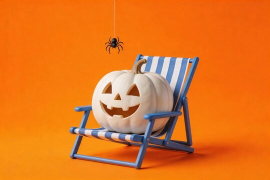 Pumpkin smiles on a striped beach chair.