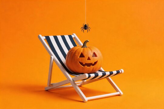 Pumpkin smiles on a striped beach chair.