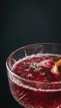 Red cocktail loop with white dry ice smoke in a crystal glass