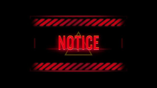 Notice text displayed inside a glowing red warning box with digital motion graphics for an animated alert sequence