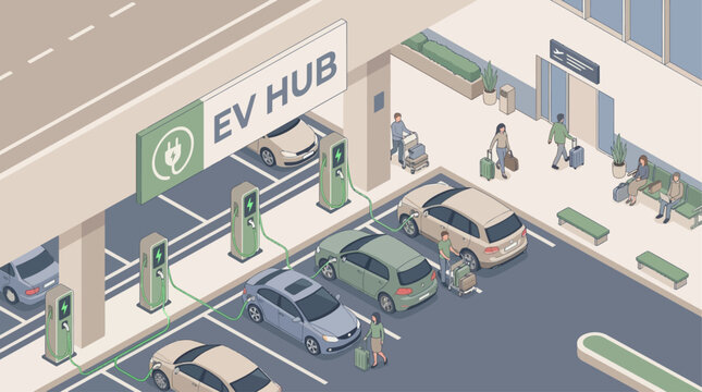 Isometric EV Charging Hub at Airport Terminal with Electric Vehicles and Travelers, Sustainable Transportation Concept