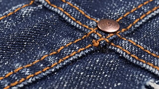 Closeup Macro Shot of Blue Denim Fabric with Orange Stitching and Button Detail.