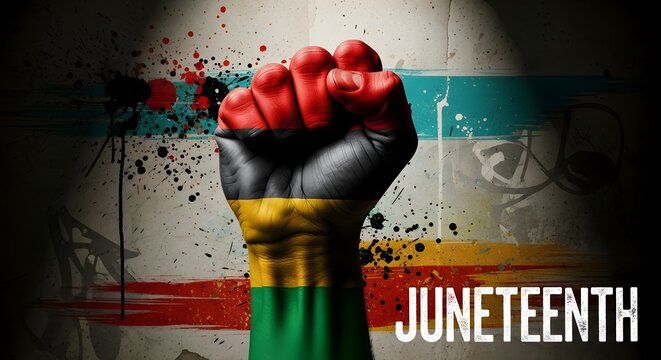Juneteenth celebration concept with a raised fist painted in panafrican colors against a textured wall with paint splatters and grunge elements