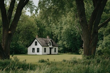 Fototapeta premium A charming white farmhouse nestled within a lush, green meadow, framed by towering trees, evokes a sense of tranquility and rural beauty.