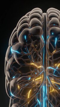 Transparent glass brain illuminated by glowing neural networks indicating digital innovation