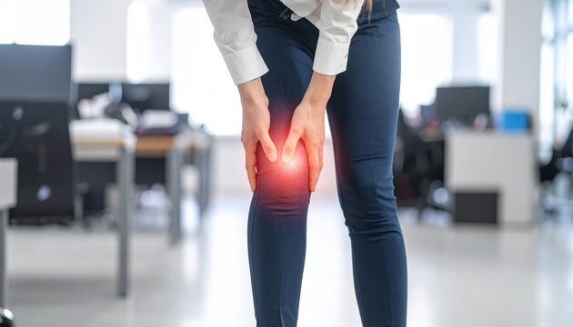 Woman suffering from knee pain, holding her knee with a red glow indicating pain.