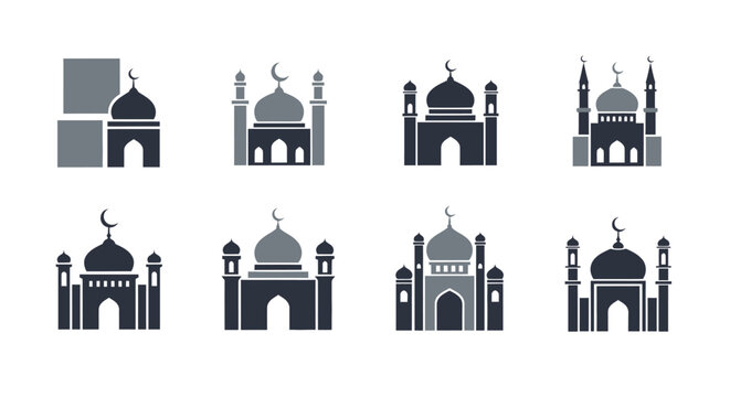 Islamic mosque design collection in vector style with crescent moon icons