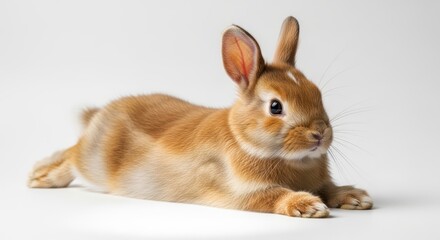 Obraz premium A cute brown rabbit is lying on a white surface looking directly at the camera with its ears perked up