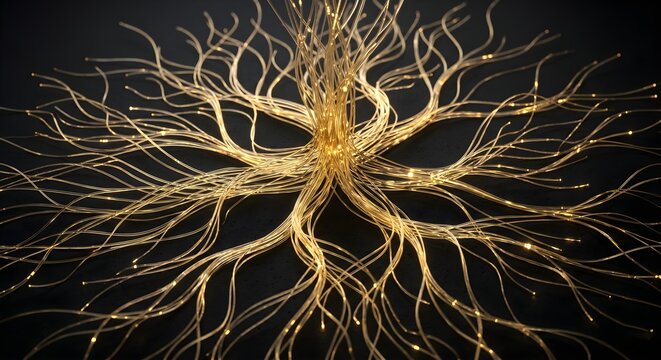 Abstract Golden Glowing Fibrous Root System or Neural Network on Deep Black Background for Technology and Growth Concepts