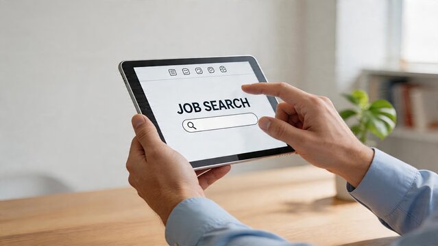 Business man using tablet device to search for online job opportunities digital recruitment resume application process modern workspace career development and professional