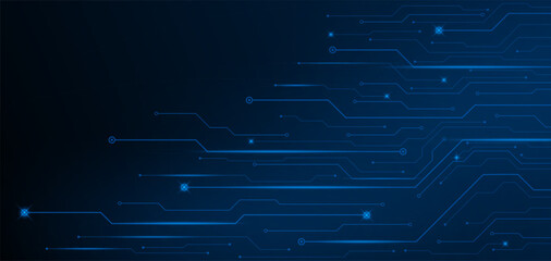 A futuristic circuit board with blue glowing lines and dots is displayed on a dark background with technological details and glowing connections. © Rion Store