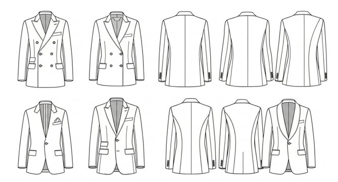 Mens suit jackets technical CAD flat sketches detailed tailoring vector illustration isolated on white background
